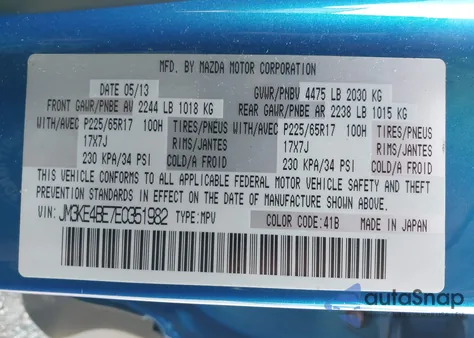 2014 Mazda Cx-5 Sport z USA, uszkodzony, nr VIN JM3KE4BE7E0351982